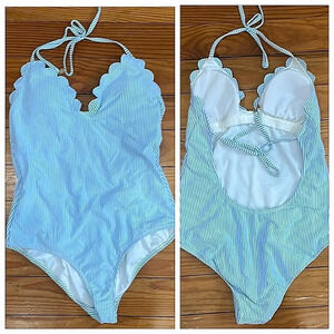 Jessica Simpson Blue White One Piece Scallop Seersucker Halter Women's medium…
